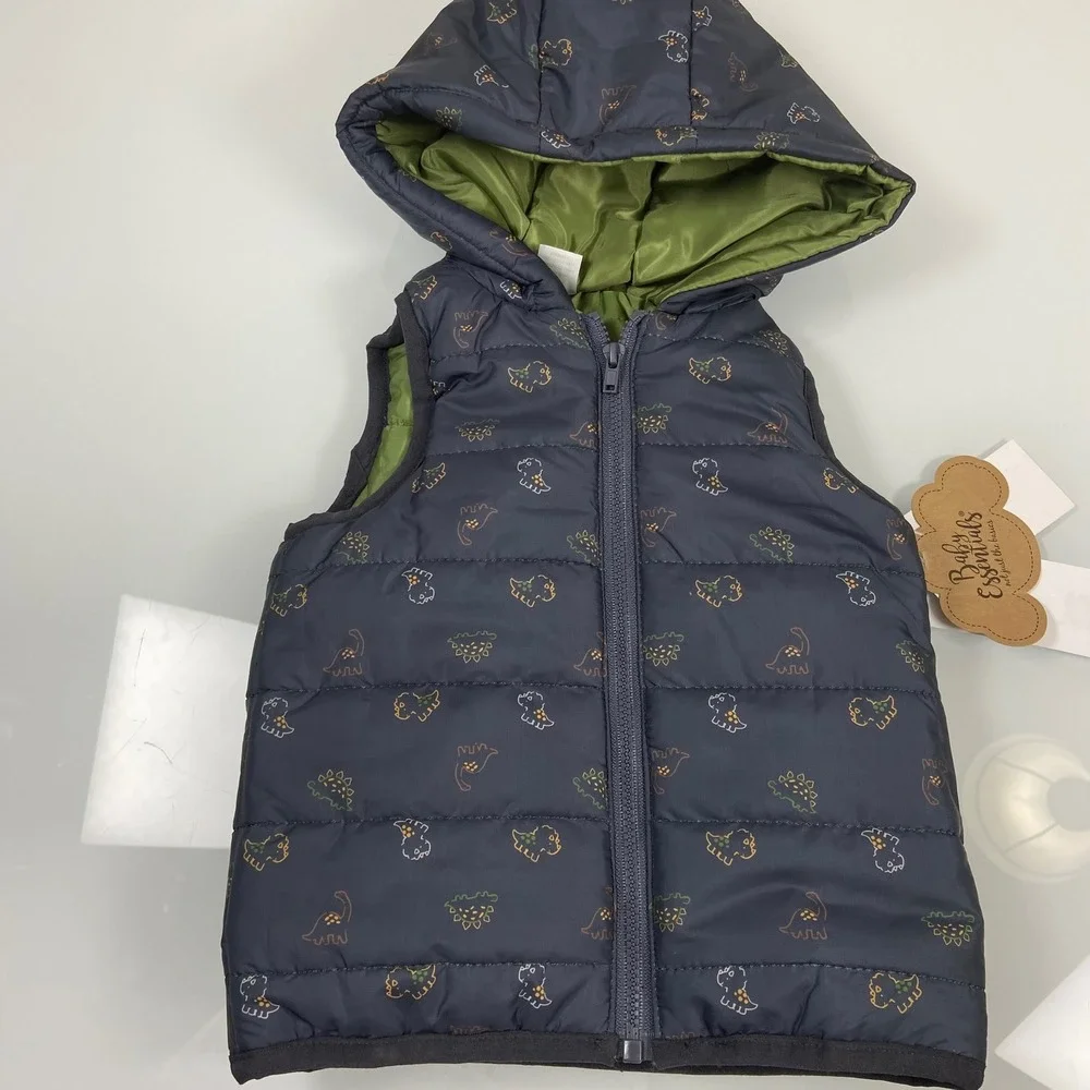 Baby Essentials Kids 18M Navy Blue Dinosaur Puffer Vest NEW Hooded Quilted Zip